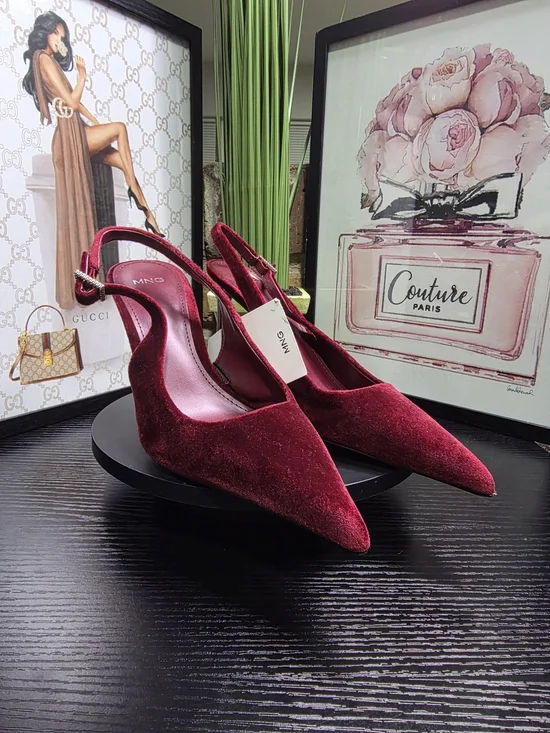 Mango Burgundy Velvet Slingback Pointed Heels - Picture 4 of 6
